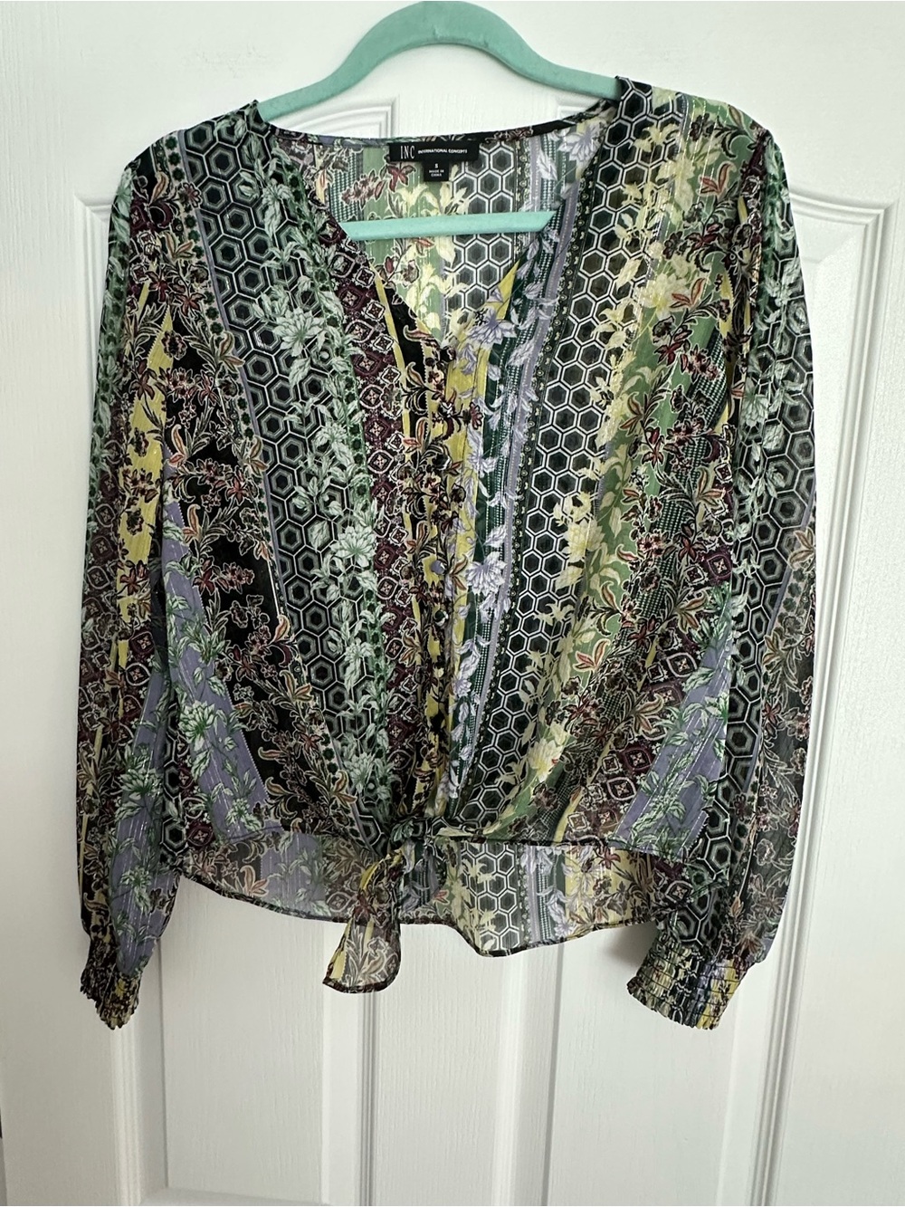INC International Concepts NWOT Floral Mix Tie-Front Blouse - Green Multi